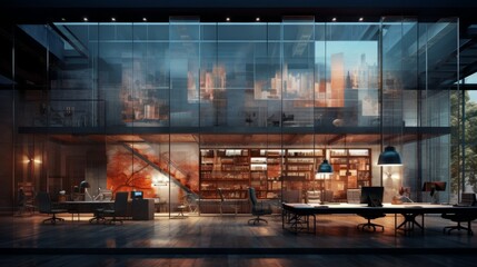 Poster - Contemporary business office design with metal accents, ambient light, paper elements, glass walls, and modern technology interior - corporate workspace concept