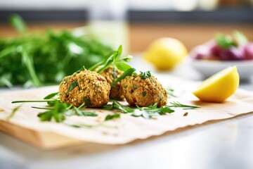 Wall Mural - homemade falafel on a kitchen countertop with herbs