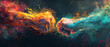 An explosive collision of cosmic energy and artistic expression as two fists clash amidst a colorful nebula backdrop
