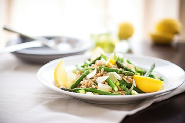 Poster - farro salad with steamed asparagus and lemon wedge