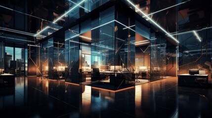 Poster - Contemporary business office design with metal accents, ambient light, paper elements, glass walls, and modern technology interior - corporate workspace concept