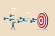 Marketing target strategy, leadership or skill to reach target or achievement, aiming for perfection winning, challenge or accuracy concept, businessman control dart to reach perfect target bullseye.