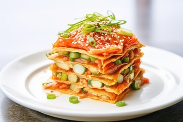 Sticker - stack of kimchi pancakes topped with sesame seeds, green onions on white plate