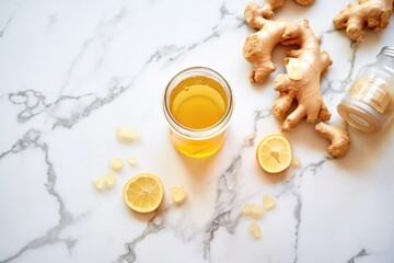 Wall Mural - kombucha tea with ginger slices on marble surface