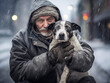 Expressive portrait of an elderly man warming a frozen wet stray dog on his chest, on a city street in cold weather with wet snow expressing compassion for it. 