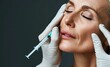 Woman gets beauty facial injections. Mature woman receiving hyaluronic acid treatment. Healthy face skin care beauty, skincare cosmetics, cosmetology concept. 
