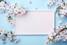 White Frame With Flowers In It On A Blue Background