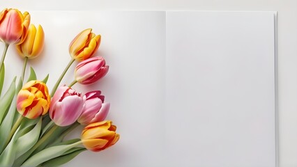 Postcard with a stand blank sheet surrounded by tulips on a white background, ribbon laying aside, template for congratulations on March 8, Valentine's day, women's Day or birthday Generative AI, card