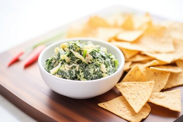 Sticker - fresh spinach artichoke dip in a white bowl with tortilla chips