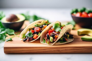 Sticker - vegan tacos with avocado and black beans on a wooden board