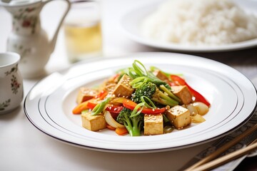 Wall Mural - plate of tofu stir-fry with sesame seeds garnish