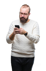 Sticker - Young caucasian hipster man texting sending message using smartphone over isolated background with a confident expression on smart face thinking serious