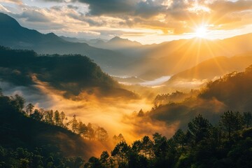 Wall Mural - Peaceful mountain landscape at sunrise with misty valleys and golden light