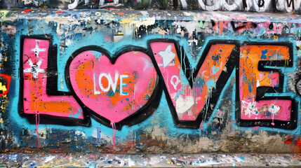 Wall Mural - Street style graffiti with Love text and heart on wall in city for Valentine's Day