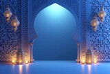 Fototapeta  - Elegant Islamic and Lanterns with Blue Background