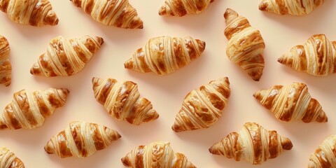 Mini croissants on pastel background. Food concept pattern. Mock up, horizontal banner.