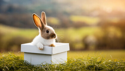 Wall Mural - Easter bunny in a open white box on a spring meadow, countryside blurred background