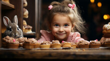A cute little sweet-toothed girl with a bunny looks out from behind the kitchen table and looks with interest at a delicious Easter cake