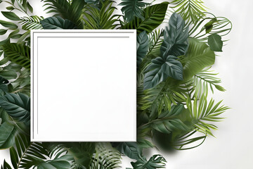 Wall Mural - white frame in tropical leaves, empty frame surrounded by vegetation