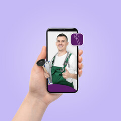 Sticker - Find plumber. Woman using mobile phone on light violet background, closeup. Specialist looking out of gadget