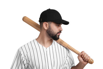 Wall Mural - Man in stylish black baseball cap holding bat on white background