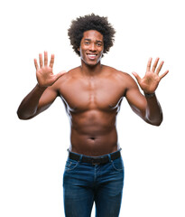 Sticker - Afro american shirtless man showing nude body over isolated background showing and pointing up with fingers number ten while smiling confident and happy.