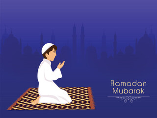 Sticker - Islamic Festival Ramadan Mubarak Concept with Muslim Religious Boy Praying At Mat on Violet Silhouette Mosque Background.