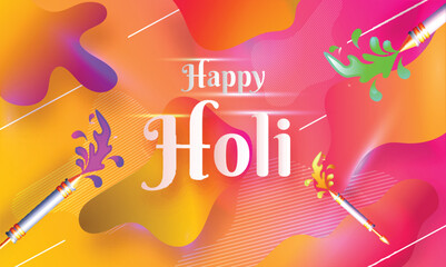 Sticker - Glossy Gradient Pink and Yellow Fluid Art Abstract Background with Water Guns for Happy Holi Celebration Card Design.