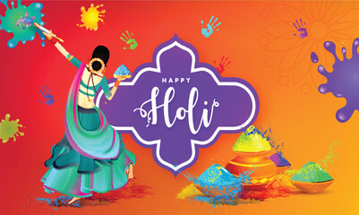 Canvas Print - Back View of Female Dancing with Gulal and Water Gun, Happy Holi Colorful Font Message Over Vintage Frame against Splashing Colors Background for Festival Celebration Concept.