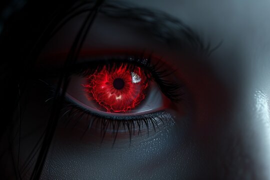 Woman's red eye in the dark. Piercing eyes. Burning demonic eyes. Copy space. Vampire. Fiery Mysterious Eye. Magic, secrecy, mysticism, visual effect. Hypnosis, power of sight. Emotion. Look. Close up