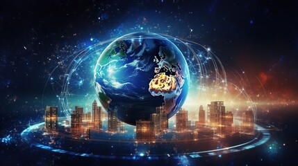 Poster - Communication technology for internet business. Global world network and telecommunication on earth cryptocurrency and blockchain and IoT. Technology concept.