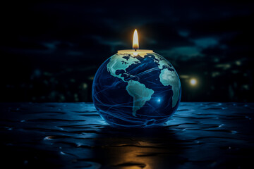 Wall Mural - A candle burning atop a globe-shaped holder at night, symbolizing either Earth Hour or a concept related to global unity and environmental awareness