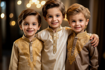 Poster - Three young boys smiling in traditional ethnic attire, possibly celebrating a cultural or religious festival , Eid Celebrations