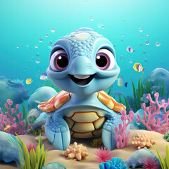 Poster - A whimsical 3d cartoon of a baby turtle