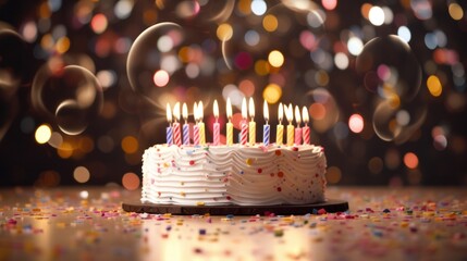 Celebration cake with lit candles among sparkling lights. Birthday party and wish tradition.