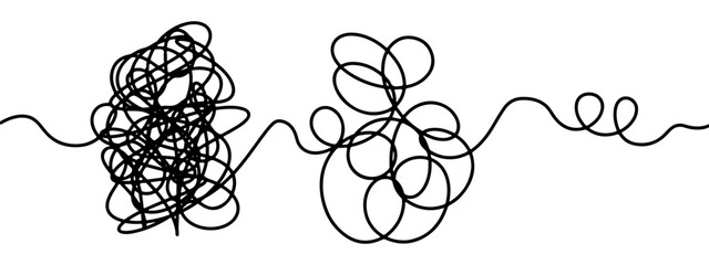 Set of messy clew symbols connected between them line of symbols with scribbled element. Concept of transition from complicated to simple. Vector illustration isolated on white background .