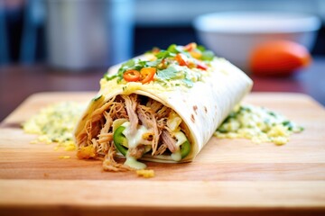 pulled pork burrito with melted cheese oozing out