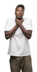 Sticker - Young african american man wearing white t-shirt shouting and suffocate because painful strangle. Health problem. Asphyxiate and suicide concept.