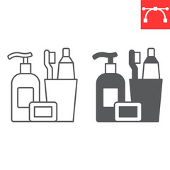Wall Mural - Toiletries line and glyph icon, grocery store and hygiene kit , toothbrush with toothpaste and bottle of soap vector icon, vector graphics, editable stroke outline sign, eps 10.