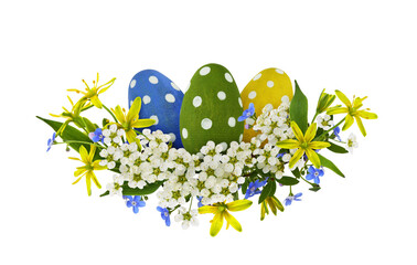 Wall Mural - Spring twig of spring flowers and Easter eggs in a festive floral arrangement isolated on white or transparent background