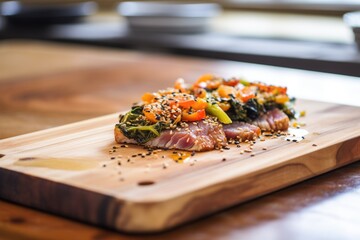 Wall Mural - close-up of tuna steak with sesame seed crust on wooden board