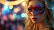 beautiful young woman with carnival mask on party background