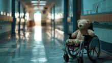 Wheelchair With A Large Toy Bear In The Waiting Area Of A Clinic For Sick Children With Copy Space. Treatment And Health Concept