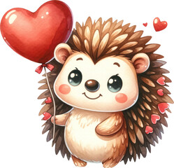 Wall Mural - Cute hedgehog with heart balloon watercolor illustration. Generative AI