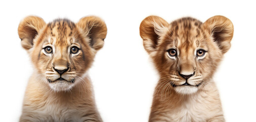 Poster - A cute close up of a baby lion cub on white background