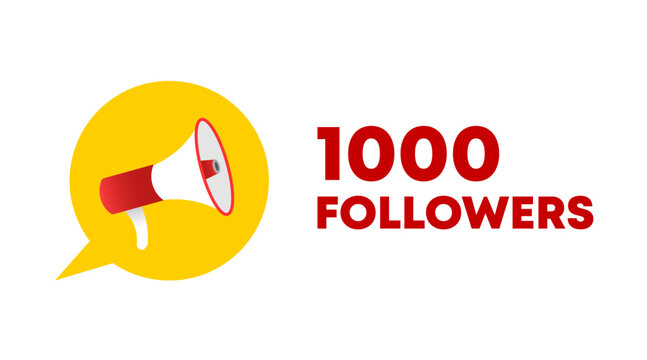 1000 followers icon. Flat, color, text from a megaphone, speech bubble, 1000 followers sign. Vector icon