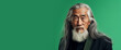 Portrait of an elderly handsome Asian senior man old with gray long hair, on a light green background, banner.