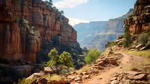 A Canyon Path, With Towering Cliffs As The Background, During An Adventurous Midday Hike