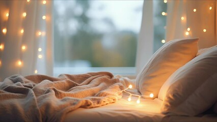 Wall Mural - Closeup of a cozy bedroom in a tiny home, featuring a plush blanket and string lights hanging from the ceiling.