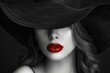 black and white, mysterious woman with black hat and red lips